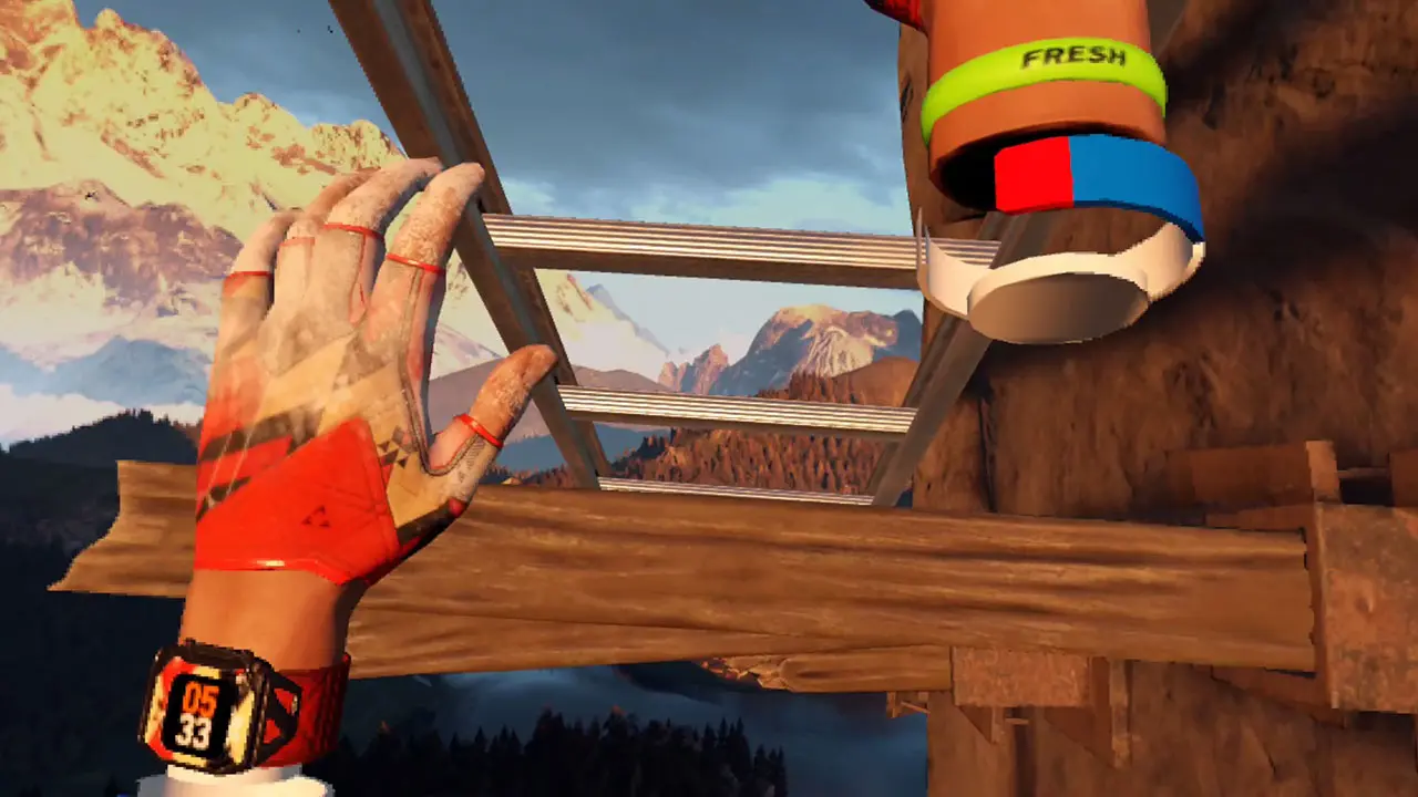 Vue immersive en réalité virtuelle d’un mur d’escalade dans The Climb VR