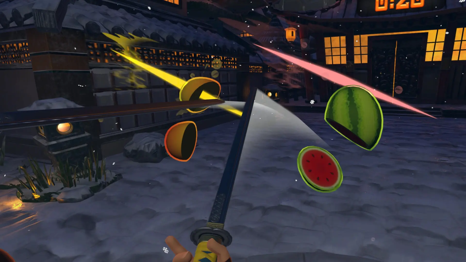 Animation VR ludique avec sabres virtuels et score affiché en temps réel