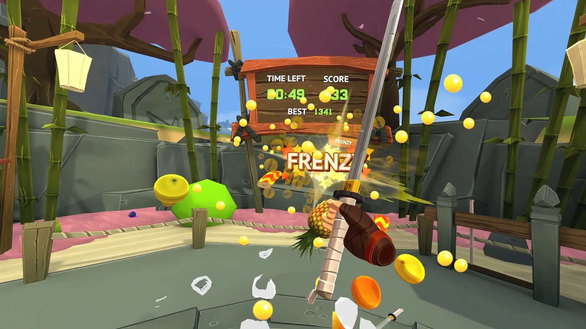 Session immersive de découpe de fruits dans un univers coloré en VR