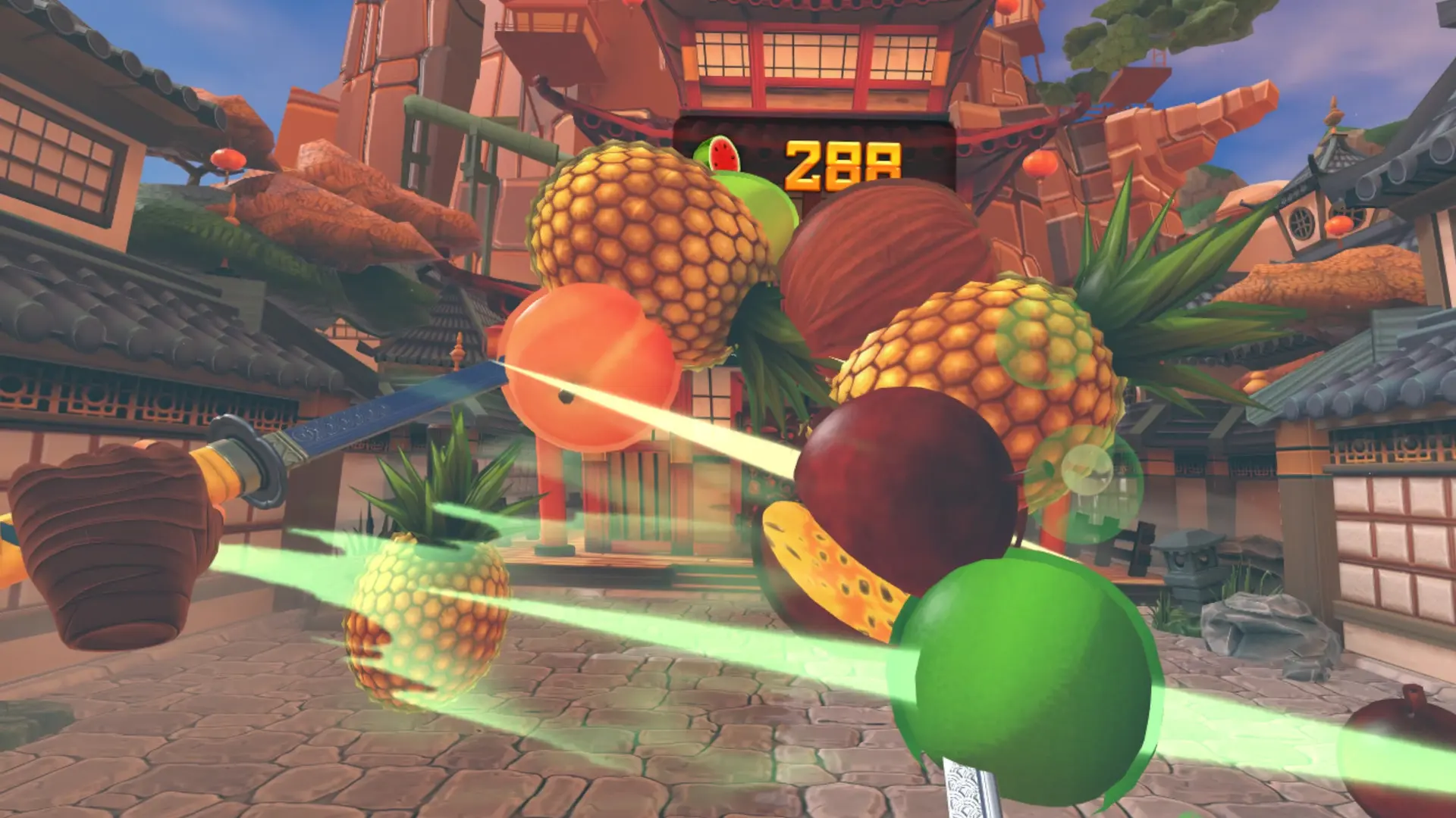 Session immersive de découpe de fruits dans un univers coloré en VR