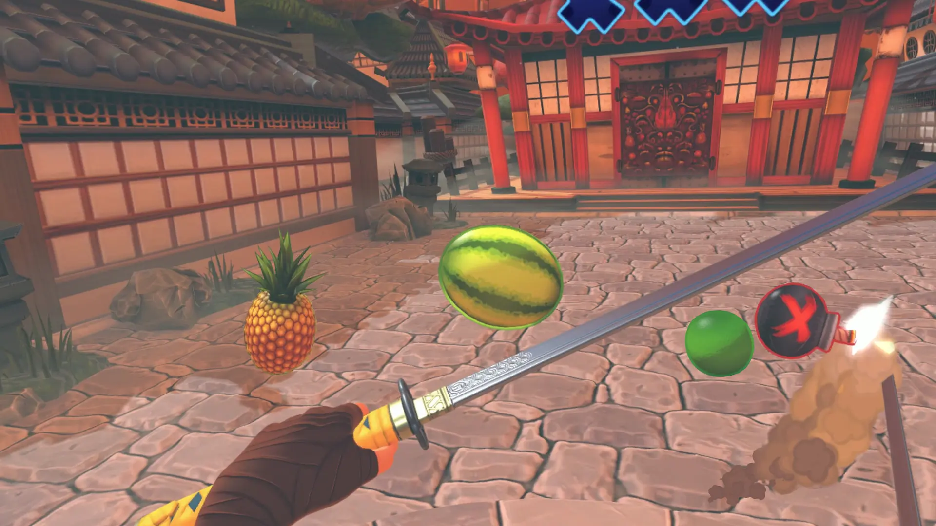 Animation VR ludique avec sabres virtuels et score affiché en temps réel